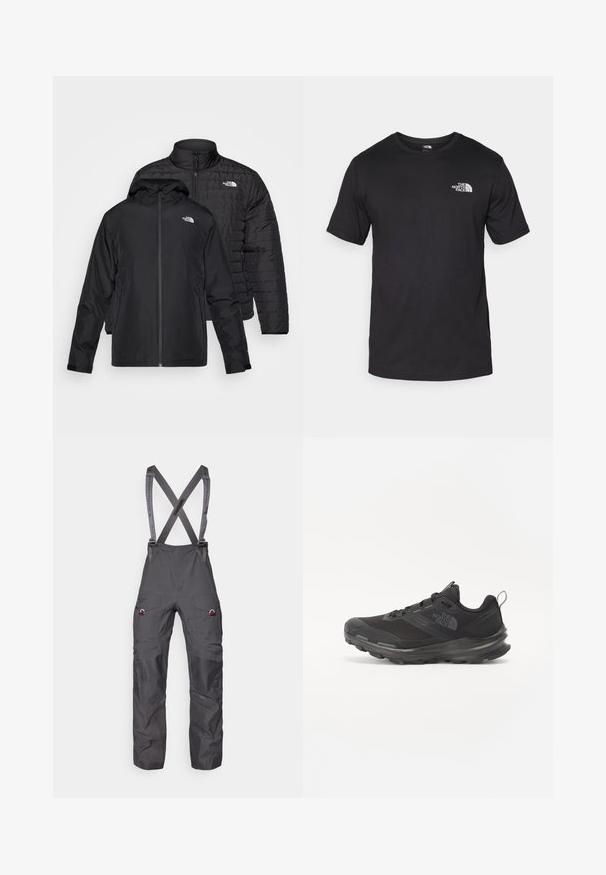 Two black jackets stacked: one is a puffy, quilted jacket with a high collar; the other is a lightweight jacket with a hood and zip closure.; Black short-sleeve t-shirt made of cotton, featuring a round neckline and a small white logo on the upper left chest area.; Gray insulated overalls with adjustable suspenders, multiple pockets, and reinforced knees, featuring a smooth, durable fabric texture.; Black athletic shoe with mesh upper, rubber outsole, and padded collar. Features laces, logo on the side, and a textured design.