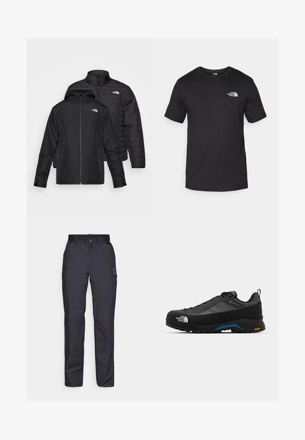 Två svarta jackor staplade: en är en puffy, vadderad jacka med hög krage; den andra är en lätt jacka med huva och dragkedja.; Svart t-shirt med kort ärm gjord av bomull, med rund halsringning och en liten vit logotyp på övre vänstra bröstområdet.; Svarta byxor i slitstark tyg, med rak bendesign, framfickor och knäppning med knapp. Diskret logotyp på sidan.; The North Face VERTO ALPINE GORE TEX - Hikingskor - asphalt grey/tnf black