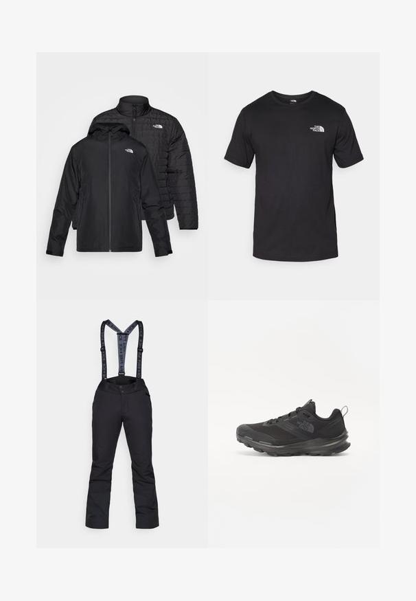 Două jachete negre stivuite: una este o jachetă pufosă, căptușită, cu guler înalt; cealaltă este o jachetă ușoară cu glugă și închidere cu fermoar.; Tricou scurt din bumbac, de culoare neagră, cu guler rotund și un mic logo alb în partea de sus a pieptului stâng.; Pantaloni de zăpadă negri cu bretele gri ajustabile, având o textură netedă, buzunare cu fermoar și panouri întărite la partea inferioară a picioarelor.; Pantof sport negru cu superior din plasă, talpă din cauciuc și guler căptușit. Include șireturi, logo pe lateral și un design texturat.