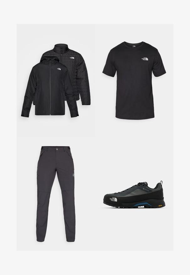 Divi melni mēteļi salikti viens uz otra: viens ir pūkains, pārklāts mētelis ar augstu apkakli; otrs ir viegls mētelis ar kapuci un rāvējslēdzēju.; Melna īsām piedurknēm T-krekls, kas izgatavots no kokvilnas, ar apaļu dekoltē un nelielu baltu logotipu augšējā kreisajā krūtīs.; Tumši pelēki āra bikses ar šauru piegriezumu, izgatavotas no elastīga materiāla. Iekļauj trīs kabatas ar rāvējslēdzējiem un logotipa detaļu.; The North Face VERTO ALPINE GORE TEX - Pārgājienu apavi - asphalt grey/tnf black
