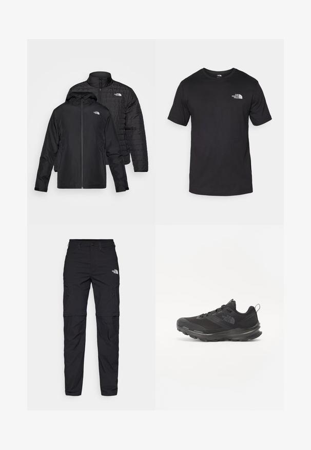 Du kartuotos juodos striukės: viena yra pūkinė, siuvinėta striukė su aukštu apykakle; kita yra lengva striukė su gobtuvu ir užtrauktuku.; Juodas trumpas rankovės marškinėliai, pagaminti iš medvilnės, su apvaliu kaklu ir mažu baltu logotipu viršutiniame kairiajame krūtinės kampe.; Juoda lauko kelnės su užtrauktukais kišenėse ir sustiprintais keliais. Pagamintos iš lengvos, kvėpuojančios medžiagos, su prekės ženklo logotipu ant klubų.; Juodos sportinės bateliai su tinklelio viršumi, guminiais padu ir paminkštintu apykakle. Yra raišteliai, logotipas šone ir tekstūruotas dizainas.