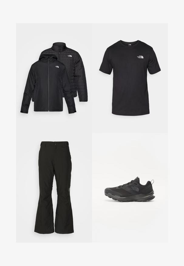 Dvoje čiernych búnd naskladaných: jedna je puffy, prešívaná bunda s vysokým golierom; druhá je ľahká bunda s kapucňou a zipsovým uzáverom.; Čierne tričko s krátkym rukávom vyrobené z bavlny, s okrúhlym výstrihom a malým bielym logom na hornej ľavej strane hrude.; Čierne, vodotesné lyžiarske nohavice s rovnými nohavicami, dvoma bočnými vreckami a zosilnenými dolnými okrajmi pre zvýšenú odolnosť. Obsahujú nastaviteľný pás.; Čierna športová obuv s vrchnou časťou z jemnej sieťoviny, gumovou podrážkou a polstrovaným golierom. Obsahuje šnúrky, logo na strane a textúrovaný dizajn.