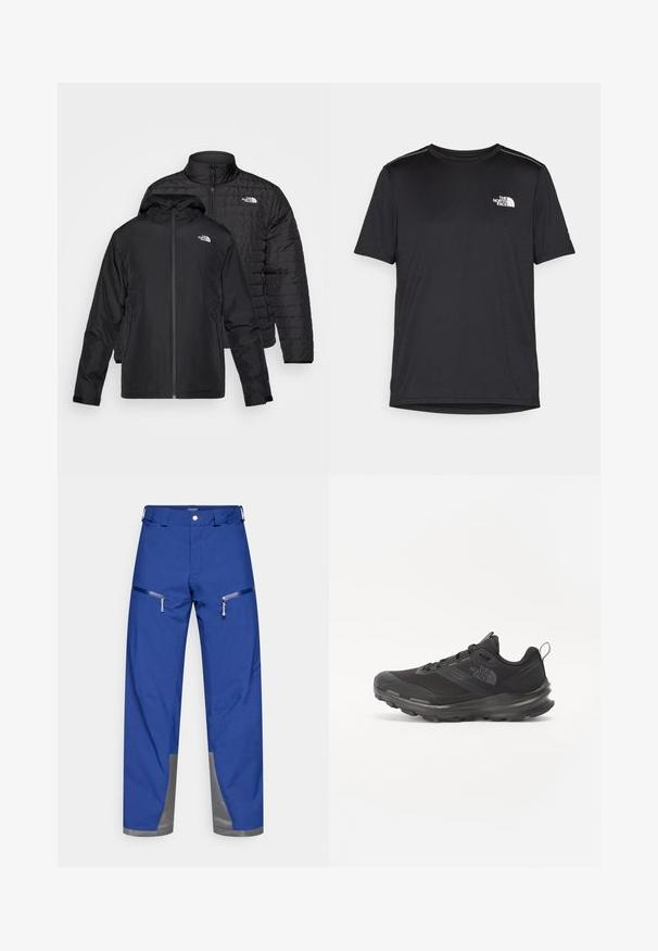 Dva črna jopiča naložena drug na drugega: en je puhasti, prešiti jopič z visokim ovratnikom; drugi je lahki jopič s kapuco in zadrgo.; Črna kratkosleevena majica iz lahkotnega materiala. Ima majhen bel logo na levem prsnem delu in diskretne poudarke na ramenskem predelu.; Modre vodoodporne hlače s pravim krojem, s dvema žepoma z zadrgo in sivimi poudarki na robu. Izdelane iz trpežne tkanine.; Črne športne čevlje z mrežastim zgornjim delom, gumijastim podplatom in oblazinjenim ovratnikom. Imajo vezalke, logo na strani in strukturiran dizajn.