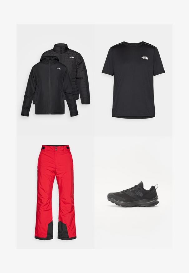Dvoje čiernych búnd naskladaných: jedna je puffy, prešívaná bunda s vysokým golierom; druhá je ľahká bunda s kapucňou a zipsovým uzáverom.; Čierne tričko s krátkym rukávom vyrobené z ľahkej tkaniny. Obsahuje malé biele logo na ľavej hrudi a jemné akcenty na pleciach.; Červené nepremokavé lyžiarske nohavice s čiernym spodným panelom, nastaviteľným pásom a dvoma bočnými vreckami; vyrobené z hladkého a odolného materiálu.; Čierna športová obuv s vrchnou časťou z jemnej sieťoviny, gumovou podrážkou a polstrovaným golierom. Obsahuje šnúrky, logo na strane a textúrovaný dizajn.
