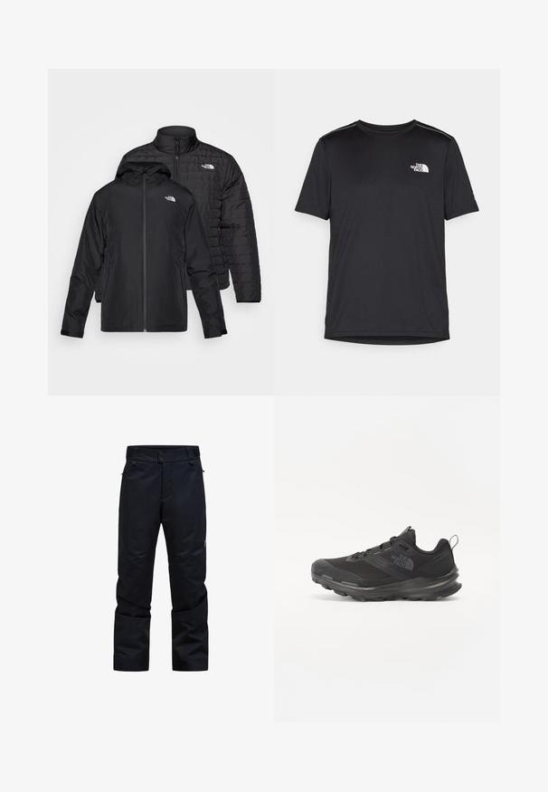 Duas jaquetas pretas empilhadas: uma é uma jaqueta acolchoada e volumosa com colarinho alto; a outra é uma jaqueta leve com capuz e fecho de zip.; T-shirt preto de manga curta feito de um tecido leve. Apresenta um pequeno logo branco ao lado esquerdo do peito e detalhes subtis nos ombros.; Calças impermeáveis pretas com corte reto, fecho com dois botões, bolsos com fecho éclair e cintura ajustável. Apresenta tecido liso e durável.; Sapatilha atlética preta com parte superior em malha, sola de borracha e colarinho almofadado. Apresenta atacadores, logótipo de lado e um design texturizado.