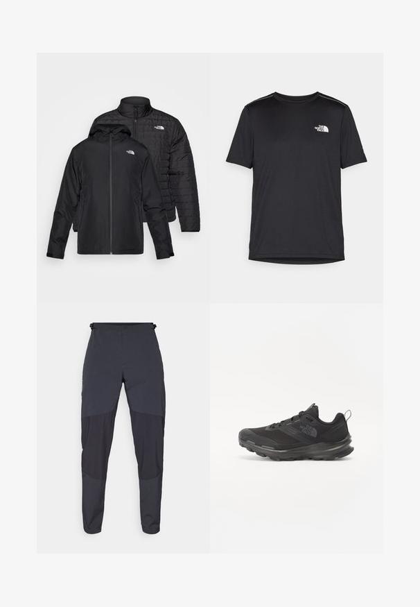 Du kartuotos juodos striukės: viena yra pūkinė, siuvinėta striukė su aukštu apykakle; kita yra lengva striukė su gobtuvu ir užtrauktuku.; Juodas trumpas rankovės marškinėliai, pagaminti iš lengvos medžiagos. Yra mažas baltas logotipas kairiajame krūtinės pusėje ir subtilūs pečių akcentai.; Tamsiai pilkos lauko kelnės su iš dalies šviesesne pilka apatine dalimi, turinčiomis mygtuko užsegimą, diržo kilpas ir lygų paviršių.; Juodos sportinės bateliai su tinklelio viršumi, guminiais padu ir paminkštintu apykakle. Yra raišteliai, logotipas šone ir tekstūruotas dizainas.