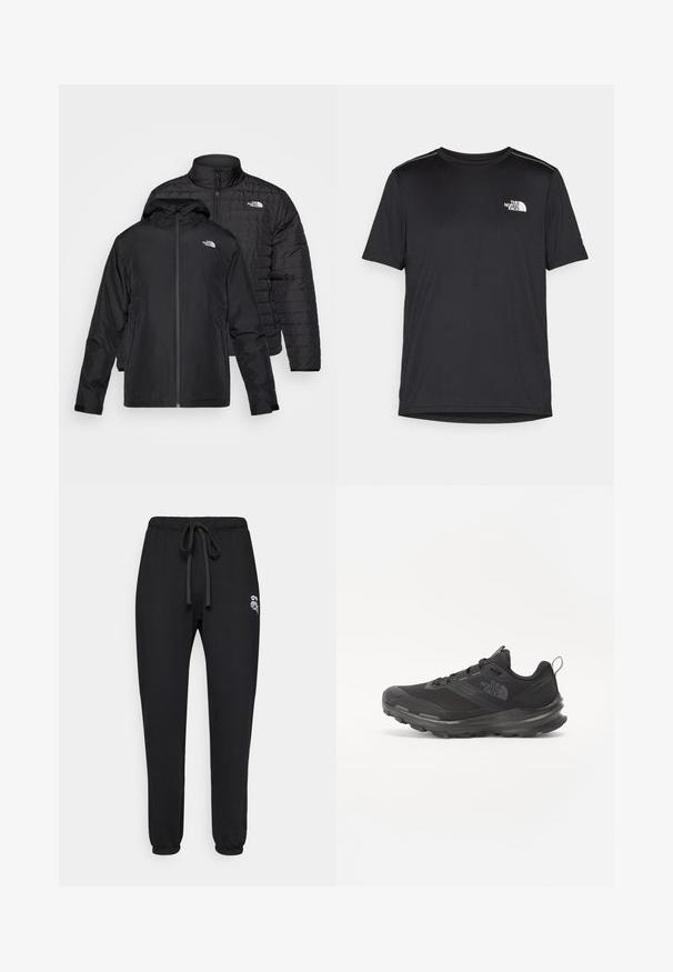 Dos chaquetas negras apiladas: una es una chaqueta acolchada y de plumón con un cuello alto; la otra es una chaqueta ligera con capucha y cierre de cremallera.; Camiseta negra de manga corta hecha de tejido ligero. Presenta un pequeño logo blanco en el lado izquierdo del pecho y sutiles acentos en los hombros.; Pantalones de chándal negros con cordón elástico en los puños y pequeño logotipo gráfico blanco en el muslo izquierdo superior.; Zapatilla deportiva negra con parte superior de malla, suela de goma y cuello acolchado. Cuenta con cordones, logotipo en el lateral y un diseño texturizado.