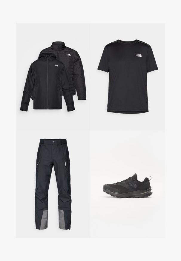 Kaks musta jope üksteise peal: üks on paks, tikitud jakk kõrge kraega; teine on kerge jakk kapuutsi ja lukuga.; Must mustaöödiga must T-särk, mis on valmistatud kerge riidekanga. Esiküljel on vasakul rinnal väike valge logo ning õlgadel on peened aktsendid.; Must ootelised tumedad püksid sirge lõikega, külgpockets, hallid aktsendid alumiste sääreosas ning vastupidav kangas. Veekindel disain.; Must use õhku läbilaskvat võrku ülemise ja kummist välispõhjaga mustad atleetijalatsid, millel on polsterdatud kaelus. Omab nööre, logo küljel ja tekstuurset disaini.