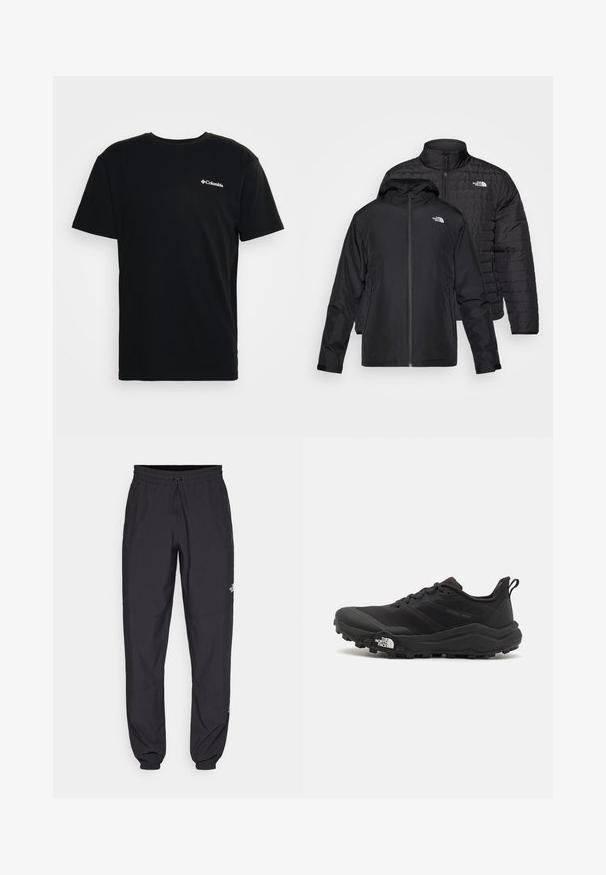 Dvě černé bundy naskládané na sobě: jedna je péřová, prošívaná bunda s vysokým límcem; druhá je lehká bunda s kapucí a zipem.; Černé bavlněné tričko s krátkým rukávem a kulatým výstřihem. Na levé straně hrudi se nachází malé bílé logo Columbia. Měkká textura.; Černé sportovní kalhoty vyrobené z lehké tkaniny, s páskem na šňůrku, bočními kapsami a zúženými manžetami na kotnících.; Černé trailové běžecké boty s texturovaným svrškem, gumovou podrážkou a vyztuženou špičkou. Obsahují polstrovaný límec a poutko pro snadné obouvání.