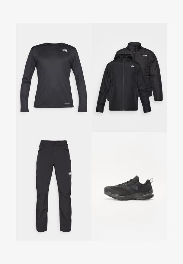 Dvoje čiernych búnd naskladaných: jedna je puffy, prešívaná bunda s vysokým golierom; druhá je ľahká bunda s kapucňou a zipsovým uzáverom.; Čierna košeľa s dlhým rukávom vyrobená z ľahkej, vlhkosť odvádzajúcej tkaniny. Obsahuje okrúhly výstrih a logo na ľavej strane hrude.; Čierne vonkajšie nohavice so zipsovým predným vreckom, vyrobené z syntetického materiálu, zúžené nohy a vy reforcované panely kolien. Obsahujú zapínanie na gombík.; Čierna športová obuv s vrchnou časťou z jemnej sieťoviny, gumovou podrážkou a polstrovaným golierom. Obsahuje šnúrky, logo na strane a textúrovaný dizajn.