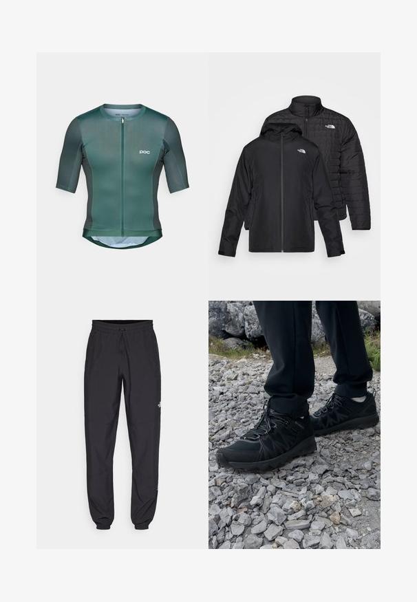 Two black jackets stacked: one is a puffy, quilted jacket with a high collar; the other is a lightweight jacket with a hood and zip closure.; Short-sleeve cycling jersey in dark green fabric with a smooth texture, features a front zipper, and white logo on the chest.; Black athletic pants made from lightweight fabric, featuring a drawstring waistband, side pockets, and tapered cuffs at the ankles.; Black outdoor shoes with mesh and synthetic material, featuring a textured upper, secured lacing system, and a rugged outsole, on rocky terrain.