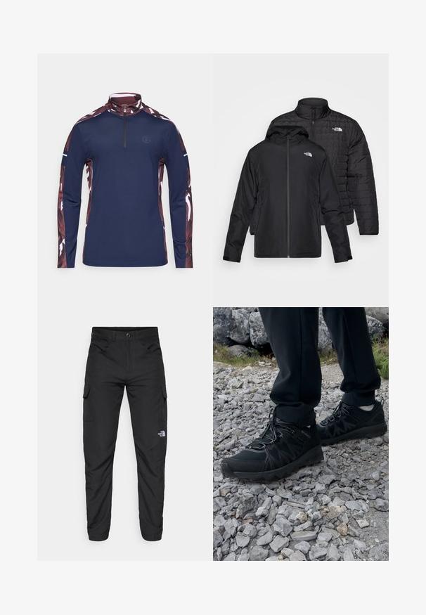Kaksi mustaa takkia pinottuna: toinen on paksu, kirjailtu takki korkealla kauluksella; toinen on kevyt takki hupulla ja vetoketjulla.; Musta pitkähihaisen pusero, jossa on neljänneksen vetoketju kauluksessa. Ominaisuuksiin kuuluvat kuvioidut viininpunaiset hihat valkoisilla yksityiskohdilla sekä pieni logo rinnassa.; The North Face HORIZON PANT - Ulkohousut - black; Mustat ulkokengät, joissa on verkko- ja synteettinen materiaali, teksturoitu päällinen, varma nauhoitusjärjestelmä ja kestävä pohja kivikkoisella maastolla.