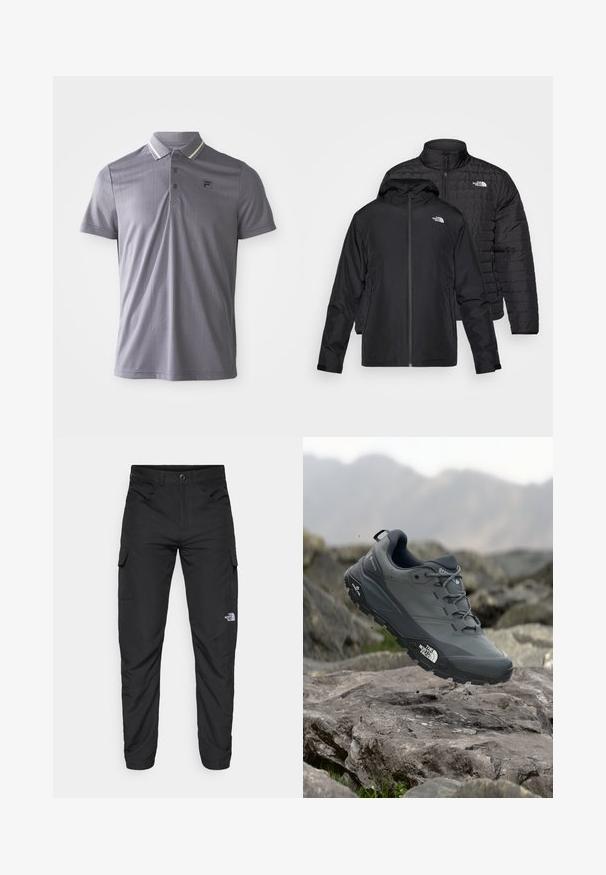 Divi melni mēteļi salikti viens uz otra: viens ir pūkains, pārklāts mētelis ar augstu apkakli; otrs ir viegls mētelis ar kapuci un rāvējslēdzēju.; Īsām piedurknēm pelēks polo krekls ar zīmīgu vertikālu svītru rakstu, trīs pogu aizdari un logo uz kreisā krūtī, apkakle ar gaišām svītru akcentiem.; The North Face HORIZON PANT - Āra bikses - black; Pelēki skrējēju apavi ar teksturētu virsu, izturīgu gumijas zoli un pastiprinātu pirkstu daļu. Iekļauj šņores un zīmola logo sānos.