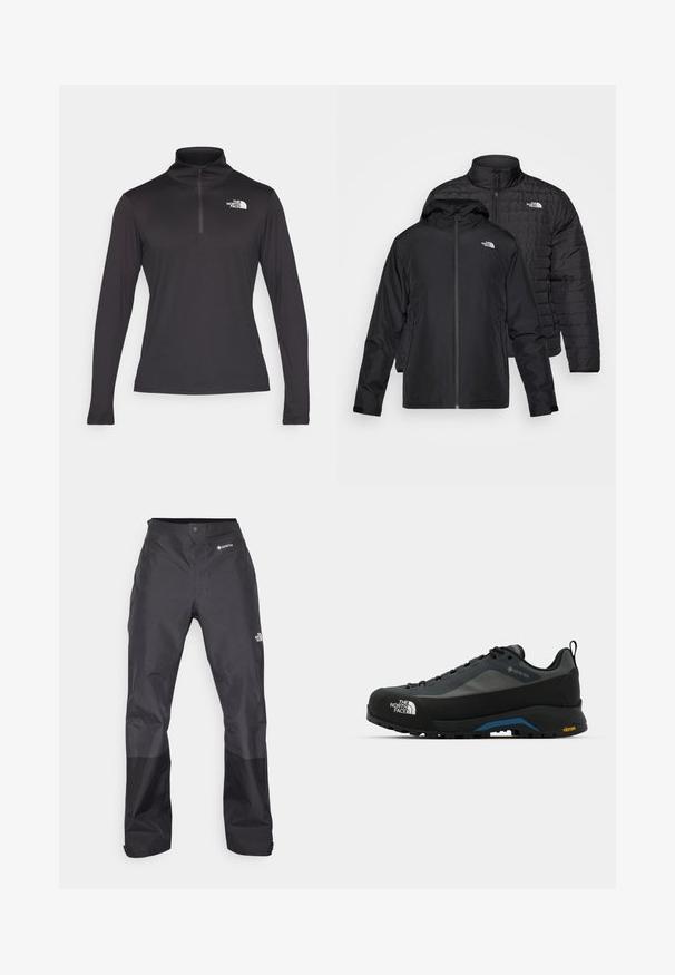 Du kartuotos juodos striukės: viena yra pūkinė, siuvinėta striukė su aukštu apykakle; kita yra lengva striukė su gobtuvu ir užtrauktuku.; Juodas ilgomis rankovėmis megztinis su ketvirčio zip užtrauktuku ir aukštu apykakle, pagamintas iš lengvos medžiagos, su balta logo ant kairiojo krūtinės.; Juodos vandeniui atsparios kelnės su lygiu paviršiumi, su GORE-TEX logotipu priekyje ir sustiprintomis apačiomis dėl ilgaamžiškumo.; The North Face VERTO ALPINE GORE TEX - Turistiniai batai - asphalt grey/tnf black