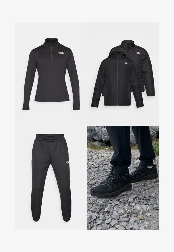 Duas jaquetas pretas empilhadas: uma é uma jaqueta acolchoada e volumosa com colarinho alto; a outra é uma jaqueta leve com capuz e fecho de zip.; Pullover preto de mangas compridas com fecho de correr de um quarto e gola alta, feito de um tecido leve, apresentando um logótipo branco no lado esquerdo do peito.; Calças de moletão pretas com cintura ajustável por cordão, corte afunilado, punhos elásticos e um pequeno logótipo branco na coxa esquerda, feitas de um tecido suave.; Sapatos pretos para exterior, feitos de material em malha e sintético, com um cabedal texturizado, sistema de atilho seguro e uma sola robusta, sobre terreno rochoso.