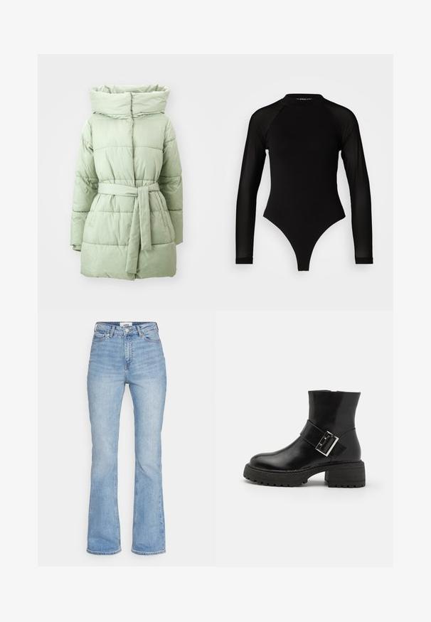 Lys grønn pufferjakke med belte i midjen, høy krage og horisontal quiltet tekstur, med en glatt, blank stoffoverflate.; Svart langermet bodysuit med høy hals, med solid stoff på torselet og gjennomsiktige mesh-ermer, designet i en tettsittende fasong.; Lys blå denim flared jeans med høy midje, som har et klassisk fem-lomme-design og synlig søm på sømmene.; Sorte ankelstøvler i svart skinn med blokkhæl, featuring dekorativ stropp og spenne, teksturert yttersåle og glatt finish.