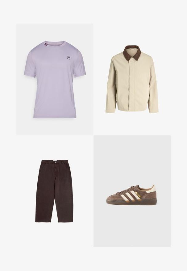Jasno beżowa kurtka z brązowym kołnierzem z korduroyu, prosty krój, zapięcie z przodu i boczne kieszenie. Gładka tekstura z minimalnym przeszyciem.; Jasnofioletowa koszulka sportowa wykonana z gładkiego materiału. Posiada czarne logo na klatce piersiowej i kontrastowe paski na kołnierzyku. Krótkie rękawy.; Ciemnobrązowe, szerokie dżinsy wykonane z denimu, z zapięciem na guziki z przodu, pętlami na pasek oraz bocznymi kieszeniami o gładkiej fakturze.; Brązowy zamszowy trampek z beżowymi akcentami, trzema białymi paskami, złotym logo i teksturowaną gumową podeszwą. Klasyczny niskoprofilowy fason.