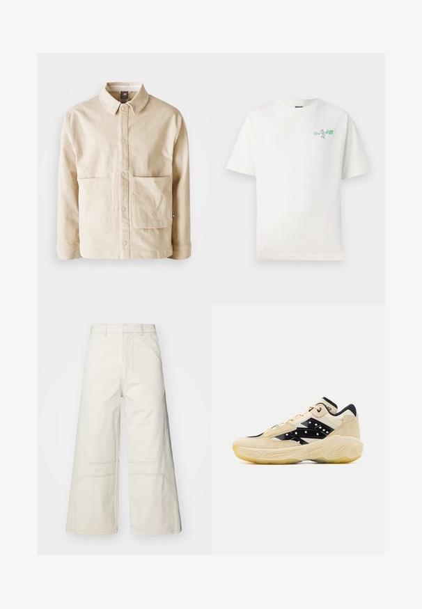 Beige kordbársony dzseki, gallérral, elöl patentgombokkal és két nagy elülső zsebbel, fehér háttér előtt, laposan elhelyezve.; Fehér pamut póló kerek nyakkal, rövid ujjakkal, bal mellen zöld teniszező grafika található. Puha tapintású.; A-COLD-WALL* FORMAT PANT - Nadrágok - beige bone; Beige és fekete sneaker, velúr felsőrésszel, sima fekete oldalsó panellel, amelyet fehér pöttyök díszítenek, valamint textúrált gumitalppal.