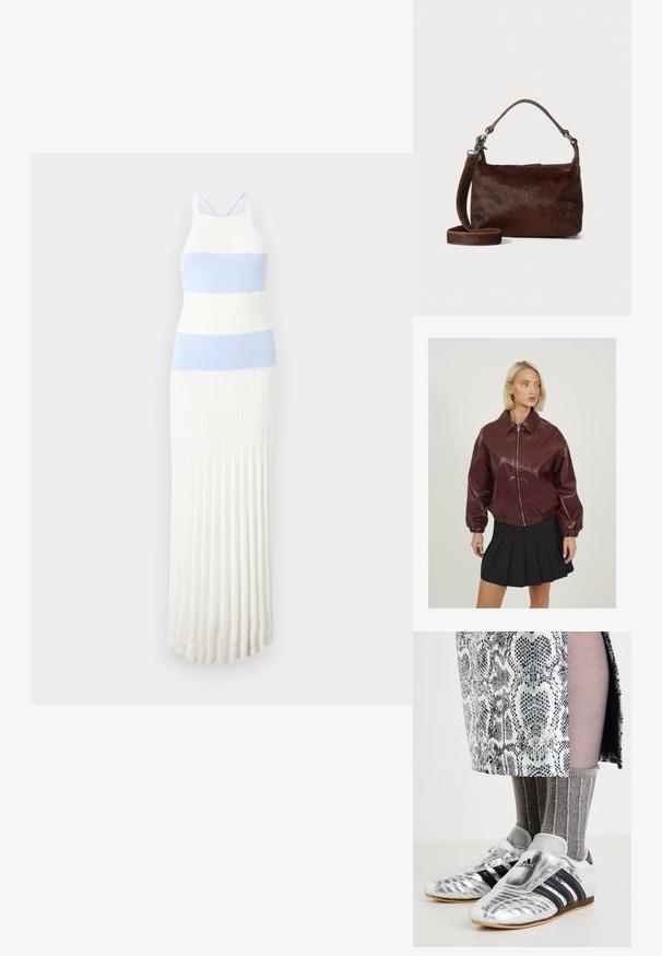 Bordeaux leren bomberjack met een ritssluiting aan de voorkant, grote kraag en elastische manchetten. Draagt over een zwarte plooienrok met een soepele textuur.; Gebreid jurkje met horizontale lichtblauwe en witte strepen, voorzien van een aansluitend lijfje, een geplisseerde rok en dunne verstelbare bandjes.; Zilveren voetbalschoenen met zwarte strepen en een strakke uitstraling, gecombineerd met gestructureerde grijze en gouden geribbelde sokken en een gestreepte rok.; Bruine lederen handtas met een zachte, textuurachtige vachtachtige buitenkant, slank ontwerp, een korte handgreep en een afneembare schouderriem.