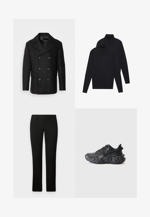 Isaac Dewhirst NEW SHORT PEACOAT SIDE ENTRY - Kerge jope - black; Kaks musta pikkade varrukatega kõrge kaelusega sviitrit, lihtne kudumine, asetatud üksteise peale, üks veidi teise taga, valgel taustal.; Mustad püksid kohandatud lõikega, sileda tekstuuri ja sirge säärega disainiga. Vöökoht on varustatud vöörihmadega ja puhta viimistlusega.; Mustad musta tossusneaker, millel on lainekujuline tald, paelad ja tagaküljel tõmblukk, esitatud lihtsa valge tausta ees.