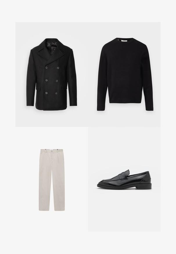 Isaac Dewhirst NEW SHORT PEACOAT SIDE ENTRY - Light jacket - black; Black knit sweater with a round neckline, long sleeves, and a relaxed fit. Smooth texture, minimal design, no patterns or embellishments.; Light beige trousers made of soft fabric, featuring a straight cut, two side pockets, and a front button closure. Lightweight and smooth texture.; Black leather loafers with a smooth finish, featuring a rounded toe and a narrow band across the upper. Low stacked heel.