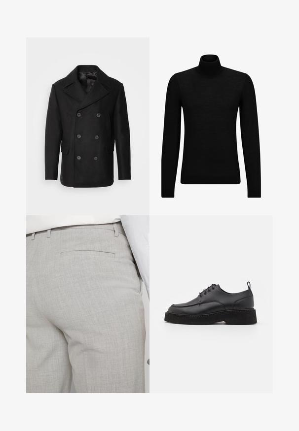 Isaac Dewhirst NEW SHORT PEACOAT SIDE ENTRY - Giacca da mezza stagione - black; Maglione a collo alto nero realizzato in materiale morbido, con maniche lunghe e vestibilità aderente. Bordo a coste all'orlo e ai polsini. Design semplice.; Polo a maniche lunghe grigio chiaro realizzato in tessuto morbido, con un colletto classico, patta con tre bottoni e polsini a costine.; Pantaloni sartoriali grigio chiaro realizzati in tessuto strutturato, con una tasca posteriore singola e cuciture pulite.; Scarpa in pelle nera con lacci, punta arrotondata, suola piatta aderente nera e cuciture decorative lungo il bordo. Texture liscia.