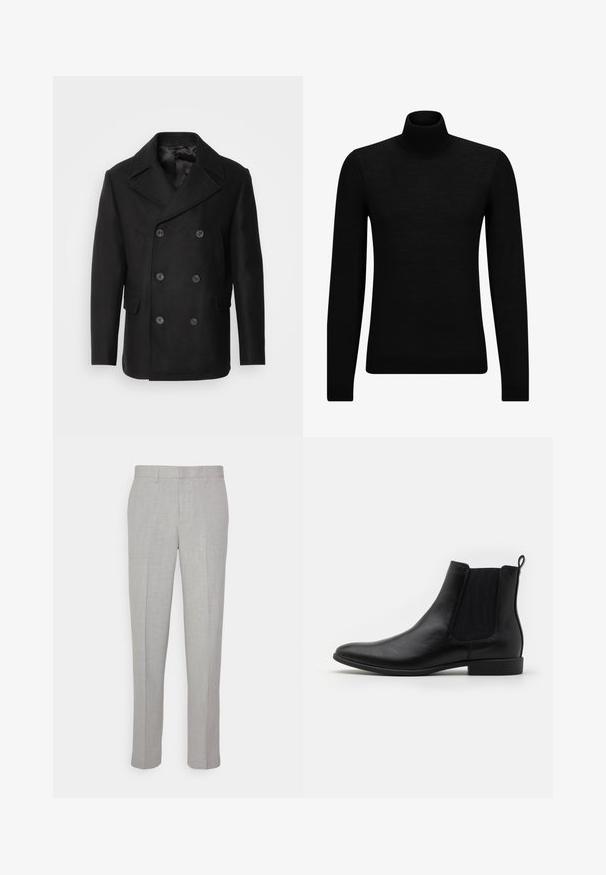 Isaac Dewhirst NEW SHORT PEACOAT SIDE ENTRY - Ελαφρύ μπουφάν - black; Μαύρο πουλόβερ σταυρωτό λαιμό, φτιαγμένο από μαλακό υλικό, με μακριά μανίκια και εφαρμοστή γραμμή. Ριγωτή λεπτομέρεια στο τελείωμα και στους καρπούς. Απλός σχεδιασμός.; Ανοιχτό γκρι παντελόνια με λεία υφή, επίπεδο μπροστινό μέρος και ίσιες γραμμές. Κατασκευασμένα από αναπνεύσιμο ύφασμα, διαθέτουν εσωτερικές τσέπες και θηλιές για ζώνη.; Μαύρες δερμάτινες μπότες ankle με ελαστικές πλαϊνές ραφές, με κοφτό δάκτυλο και χαμηλό τετράγωνο τακούνι. Λείος υφή με θηλιά στο πίσω μέρος.