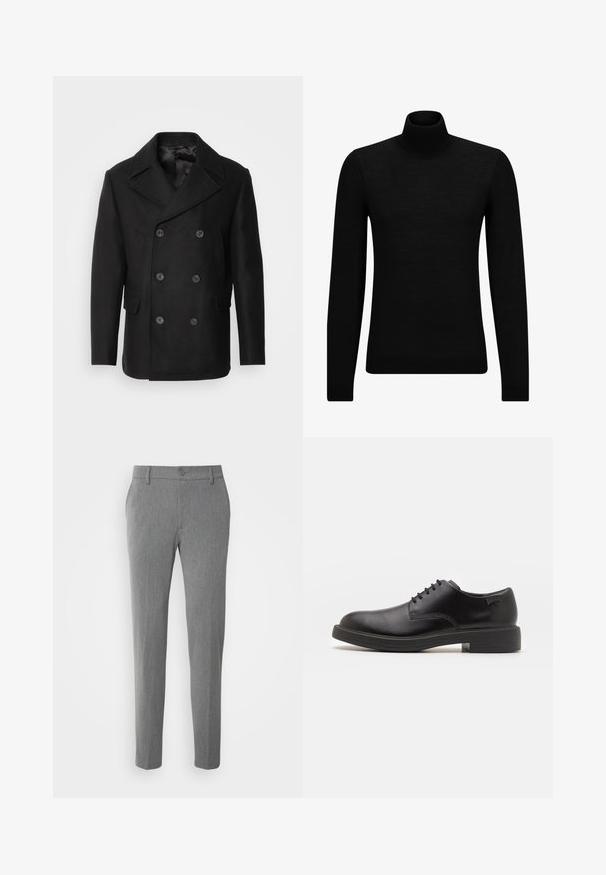 Isaac Dewhirst NEW SHORT PEACOAT SIDE ENTRY - Könnyű dzseki - black; Fekete garbó pulóver puha anyagból, hosszú ujjakkal és szoros fazonnal. Ribbed díszítés az alján és az ujjak végén. Egyszerű dizájn.; Textúrált anyagból készült szürke nadrág, klasszikus dizájnnal, gombos záródással és egyenes szárral.; Fekete bőrcipő, kerek orrú, sima felületű, minimális varrással és alacsony gumitalppal. Logó a sarokrészen.