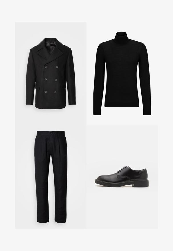 Isaac Dewhirst NEW SHORT PEACOAT SIDE ENTRY - Könnyű dzseki - black; Fekete garbó pulóver puha anyagból, hosszú ujjakkal és szoros fazonnal. Ribbed díszítés az alján és az ujjak végén. Egyszerű dizájn.; Fekete egyenes szárú nadrág övhurkokkal, elöl gombos záródással és oldalzsebekkel, világos háttér előtt bemutatva.; Fekete bőrcipő, kerek orrú, sima felületű, minimális varrással és alacsony gumitalppal. Logó a sarokrészen.