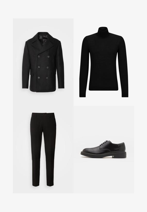 Isaac Dewhirst NEW SHORT PEACOAT SIDE ENTRY - Viegla jaka - black; Melnā augstā kakla džemperis, kas izgatavots no mīksta materiāla, ar garām piedurknēm un pieguļušu piegriezumu. Ribota apdare ap apakšu un piedurknēm. Vienkāršs dizains.; Melni bikses ar taisnu kāju dizainu, ar pogu aizdari, jostas cilpām un gludu auduma faktūru. Nav redzamu rakstu vai akcentu.; Melna āda sašūta kurpe ar noapaļotu purngalu, gludu tekstūru, minimālu šuvju skaitu un zemu gumijas papēdi. Logo uz papēža.