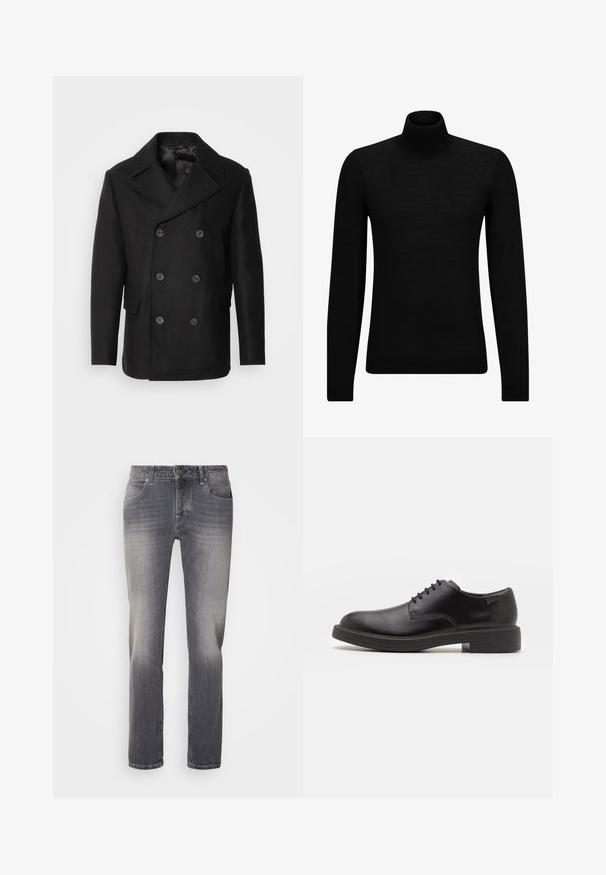 Isaac Dewhirst NEW SHORT PEACOAT SIDE ENTRY - Könnyű dzseki - black; Fekete garbó pulóver puha anyagból, hosszú ujjakkal és szoros fazonnal. Ribbed díszítés az alján és az ujjak végén. Egyszerű dizájn.; Szürke farmernadrág egyenes szabással, amely a combokon fakulással rendelkezik, öt zsebes dizájnnal és ezüst gombos záródással a deréknál.; Fekete bőrcipő, kerek orrú, sima felületű, minimális varrással és alacsony gumitalppal. Logó a sarokrészen.