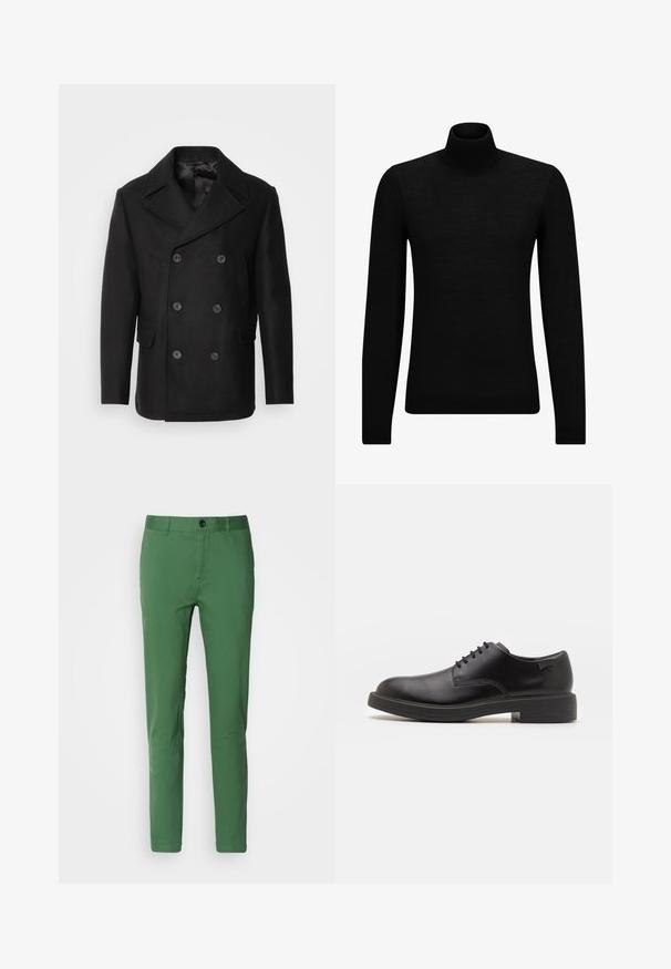 Isaac Dewhirst NEW SHORT PEACOAT SIDE ENTRY - Lahka jakna - black; Črna turtleneck pulover iz mehkega materiala, z dolgimi rokavi in tesnim prileganjem. R ibana obroba na robu in rokavih. Preprosta zasnova.; Zelene slim-fit hlače iz mešanice bombaža, z klasičnim gumbom za zapiranje, stranskimi žepi in gladko teksturo.; Črne usnjene čipkaste čevlje z zaobljenim nosom, gladko teksturo, minimalnim šitjem in nizkim gumijastim peto. Logo na peti.