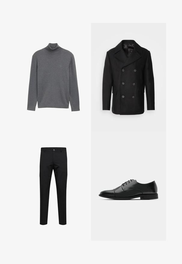 Isaac Dewhirst NEW SHORT PEACOAT SIDE ENTRY - Lengva striukė - black; Pilkas golfas, pagamintas iš minkštos mezginio medžiagos. Turi ilgomis rankovėmis ir prigludusį kaklą, minimalistinio dizaino be matomų logotipų.; Juodos kelnės iš glotnaus audinio, su vienu mygtuku, diržų kilpomis ir siaurėjančio silueto dizainu. Nėra matomų raštų ar akcentų.; Juodas odinis džinsinis batų modelis su apvaliu galiuku, raišteliu ir subtiliomis siūlėmis, taip pat žemu kulnu. Lygus pavirčius su blizgiu apdaila.