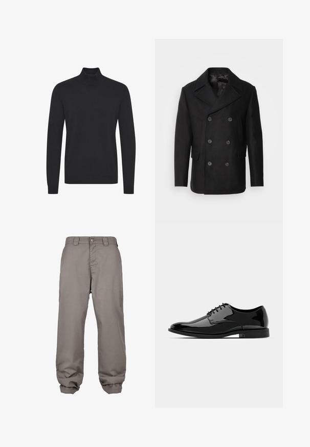 Isaac Dewhirst NEW SHORT PEACOAT SIDE ENTRY - Giacca da mezza stagione - black; Maglione a collo alto nero realizzato in tessuto liscio, con maniche lunghe e polsini e orlo a costine. Design semplice e senza decorazioni.; Pantaloni grigi chiari, in vestibilità morbida, con tasche laterali, chiusura con bottone e polsini leggermente arricciati per una silhouette ampia.; Scarpa da uomo in vernice nera con punta tonda, design con lacci e superficie liscia e lucida. Presenta una suola in gomma a profilo basso.