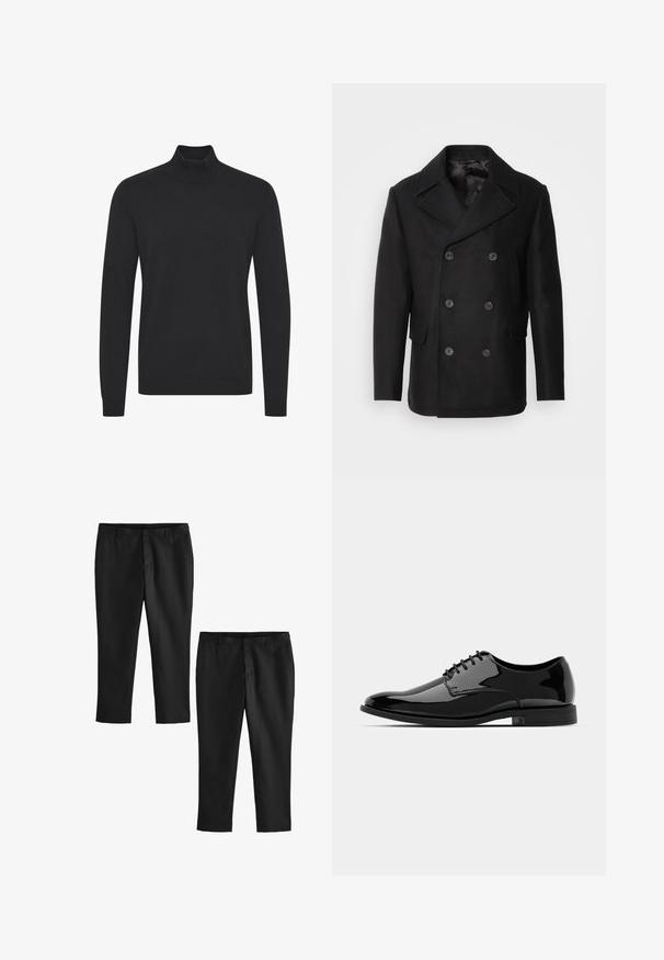 Isaac Dewhirst NEW SHORT PEACOAT SIDE ENTRY - Übergangsjacke - black; Schwarzer Rollkragenpullover aus glattem Stoff, mit langen Ärmeln und gerippten Bündchen und Saum. Schlichtes, ungeschmücktes Design.; Schwarze maßgeschneiderte Hosen mit glatter Textur, gerade Beine und mittlere Taille. Zwei Paare dargestellt, eines cropped.; Schwarze Lackleder-Schuh mit abgerundetem Zeh, Schnürdesign und glatter, glänzender Oberfläche. Verfügt über eine flache Gummisohle.