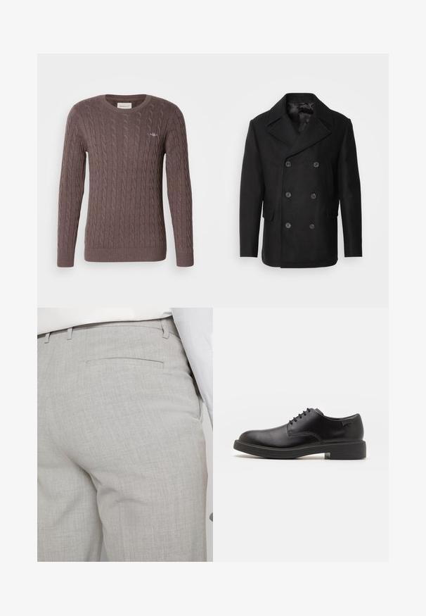 Isaac Dewhirst NEW SHORT PEACOAT SIDE ENTRY - Jas - black; Bruine kabelgebreide trui met een ronde hals, lange mouwen en geribbelde manchetten en zoom. Bevat een klein geborduurd logo op de borst.; Lichtgrijze, op maat gemaakte broek van gestructureerde stof, met een enkele achterzak en nette stiksels.; Zwarte leren veterschoen met een ronde neus, een gladde textuur, minimale stiksels en een lage rubberen hak. Logo op de hak.