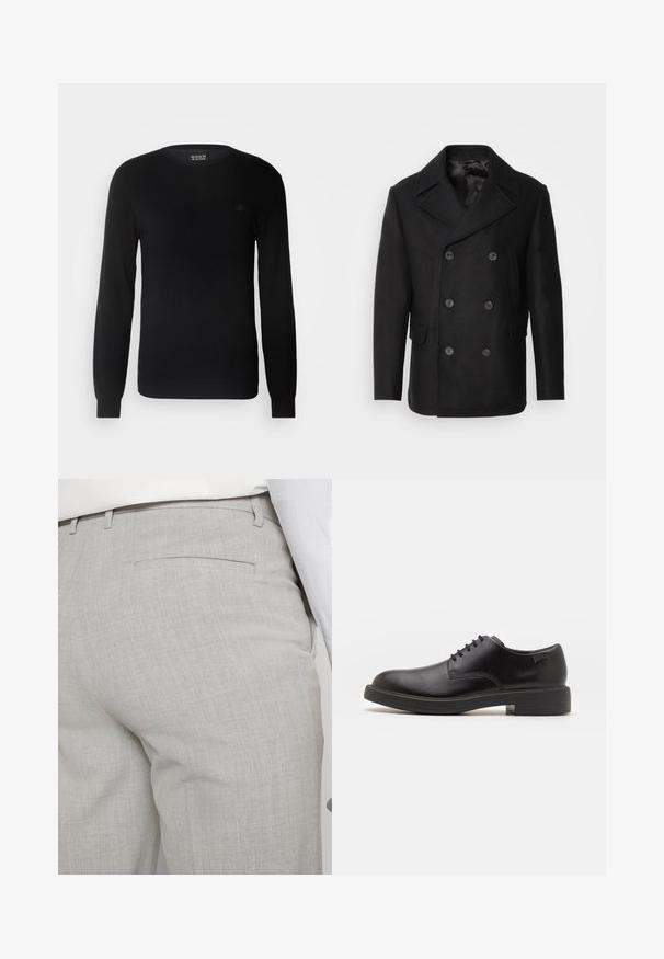 Isaac Dewhirst NEW SHORT PEACOAT SIDE ENTRY - Jas - black; Zwarte gebreide trui met een ronde halslijn, lange mouwen en een klein geborduurd logo op de borst. Zachte textuur en een aansluitend ontwerp.; Lichtgrijze, op maat gemaakte broek van gestructureerde stof, met een enkele achterzak en nette stiksels.; Zwarte leren veterschoen met een ronde neus, een gladde textuur, minimale stiksels en een lage rubberen hak. Logo op de hak.