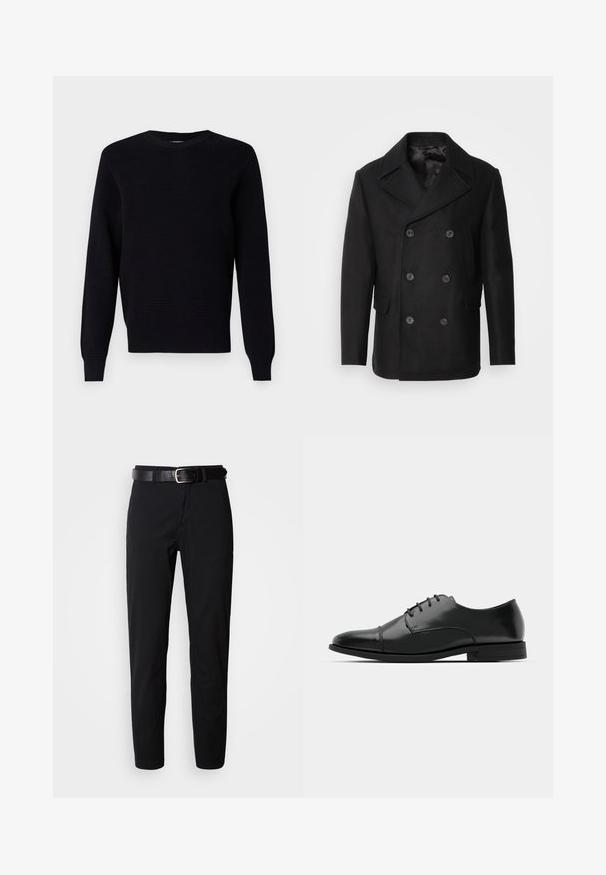 Isaac Dewhirst NEW SHORT PEACOAT SIDE ENTRY - Jachetă subțire - black; Pulover negru tricotat, cu un model texturat, gât rotund și mansete și tiv cu nervuri. Fabricat dintr-un material moale pentru confort.; Pantaloni negri cu o croială dreaptă, având o textură netedă și un cureaua din piele neagră cu o cataramă argintie. Design simplu, fără modele sau accente.; Pantofii negri din piele, cu vârful rotunjit, design cu șireturi, detalii de cusătură subtile și toc joasă. Textura netedă cu un finisaj lustruit.