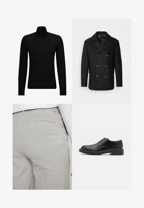 Isaac Dewhirst NEW SHORT PEACOAT SIDE ENTRY - Lengva striukė - black; Juodas aukšto kaklo megztinis, pagamintas iš minkštos medžiagos, su ilgomis rankovėmis ir prigludusia forma. Su raukiniais apačioje ir rankogaliuose. Paprastas dizainas.; Šviesiai pilkos spalvos pritaikytos kelnės iš faktūrinės medžiagos, turinčios vieną užpakalinę kišenę ir tvarkingus siūlus.; Juodas odinis batų modelis su raišteliais, apvaliu nosiu, lygiu paviršiumi, minimaliai siuvinėjimu ir žemu guminėmis pakulne. Ant pakulnės šalia logo.