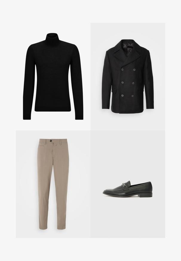 Isaac Dewhirst NEW SHORT PEACOAT SIDE ENTRY - Viegla jaka - black; Melnā augstā kakla džemperis, kas izgatavots no mīksta materiāla, ar garām piedurknēm un pieguļušu piegriezumu. Ribota apdare ap apakšu un piedurknēm. Vienkāršs dizains.; Beige pieguļoši bikses ar šauru piegriezumu, ar rāvējslēdzēju un priekšējo kabatu. Izgatavotas no gluda auduma ar asu izskatu.; Melna ādas loafer izmēra apavi ar gludu virsmu, piedāvā ar šūtu dizainu un dekoratīvu metāla ķēdes akcentu pār vampu. Plakana papēža daļa.