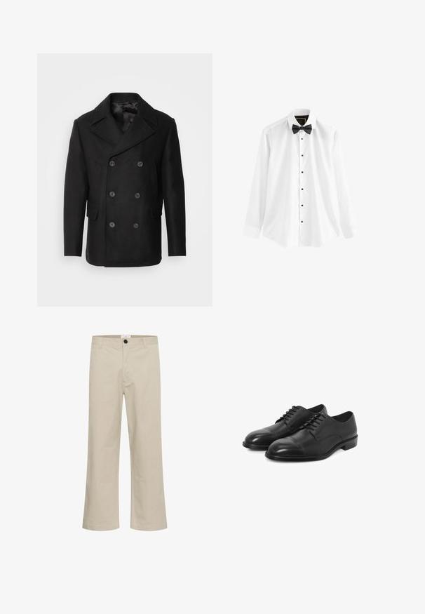 Isaac Dewhirst NEW SHORT PEACOAT SIDE ENTRY - Könnyű dzseki - black; Fehér pamut ing, hosszú ujjakkal, fekete csokornyakkendővel és fekete gombokkal az elején.; Beige, bőszárú pamutnadrág, elülső gombos zárással, övpántokkal és sima, textúra nélküli felülettel.; Fekete bőr elegáns cipő sima felülettel, kerek orral és kaporral ellátott dizájnnal. Vékony fűzőkkel és alacsony, letisztult sarkakkal rendelkezik.