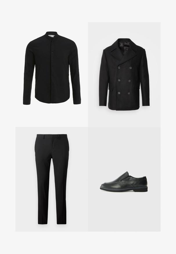 Isaac Dewhirst NEW SHORT PEACOAT SIDE ENTRY - Lagana jakna - black; Crna košulja dugih rukava s ovratnikom, prednjim kopčanjem na gumbe i glatkom teksturom. Ravni rub i uski kroj.; Krojene crne hlače od glatkog materijala. Imaju ravne nogavice, prednje nabore i petlje za remen radi prilagodljivog veličanja.; Crne kožne cipele na sklapanje s glatkom gornjom površinom, prošivenim detaljima, zaobljenim vrhom i niskim gumene potplate. Potplat ima minimalne uzorke.