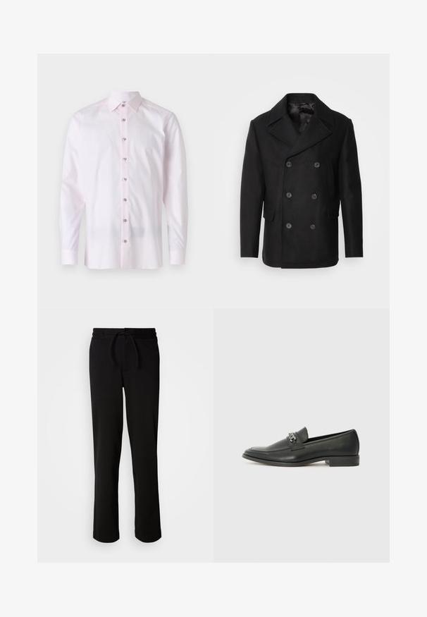 Isaac Dewhirst NEW SHORT PEACOAT SIDE ENTRY - Jachetă subțire - black; Cămașă lungă cu mâneci dintr-un material neted, de culoare roz pal. Dispune de un guler ascuțit și un închidere cu nasturi pe față, având nasturi în contrast.; Pantaloni de trening negri, cu talie elastică și șnur, dintr-un material moale și elastic. Au o croială lejeră, cu picioare drepte și fără buzunare vizibile.; Pantofii negri din piele cu un finisaj neted, având un design cusut și un accent decorativ de lanț metalic peste partea de sus. Toc plat.