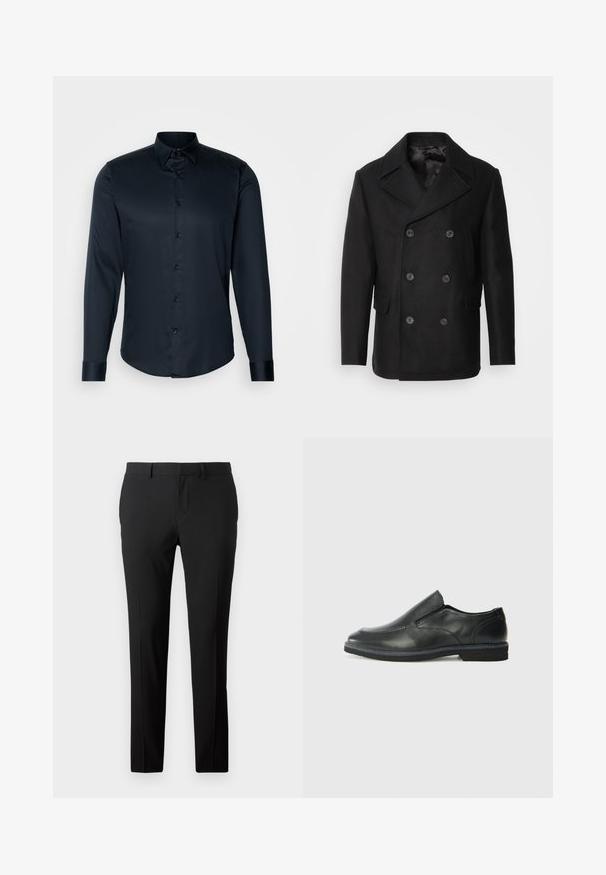 Isaac Dewhirst NEW SHORT PEACOAT SIDE ENTRY - Allvädersjacka - black; Lindbergh PLAIN - Skjorta - navy; Skräddarsydda svarta byxor i ett slätt tyg. Har en rak benlängd, framfickor och bältesöglor för justerbar storlek.; Svart lädersko i slip-on-modell med en slät ovandel, sömnadsdetaljer, rund tå och låg gummihäl. Sulan har minimal mönstring.