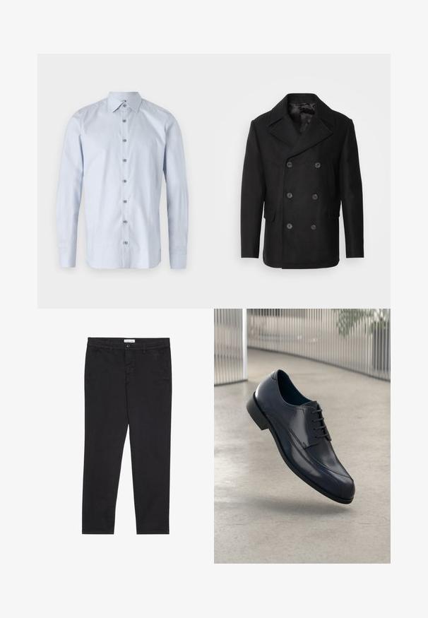 Isaac Dewhirst NEW SHORT PEACOAT SIDE ENTRY - Viegla jaka - black; Gaiši zils krekls ar uzstrukturētu apkakli, garām piedurknēm un smalku tekstūras rakstu. Priekšpusē ir metāla pogas.; Melni kokvilnas bikses ar šauru piegriezumu, kurām ir divas sānu kabatas un priekšējā pogu aizdare. Tekstūrēta auduma ar smalku detalizāciju.; Spīdīga melna ādas svinīgā kurpe ar auklēm, kas karājas virs gludas, gaiši pelēkas grīdas un vertikālām metaliskām stangām fona.