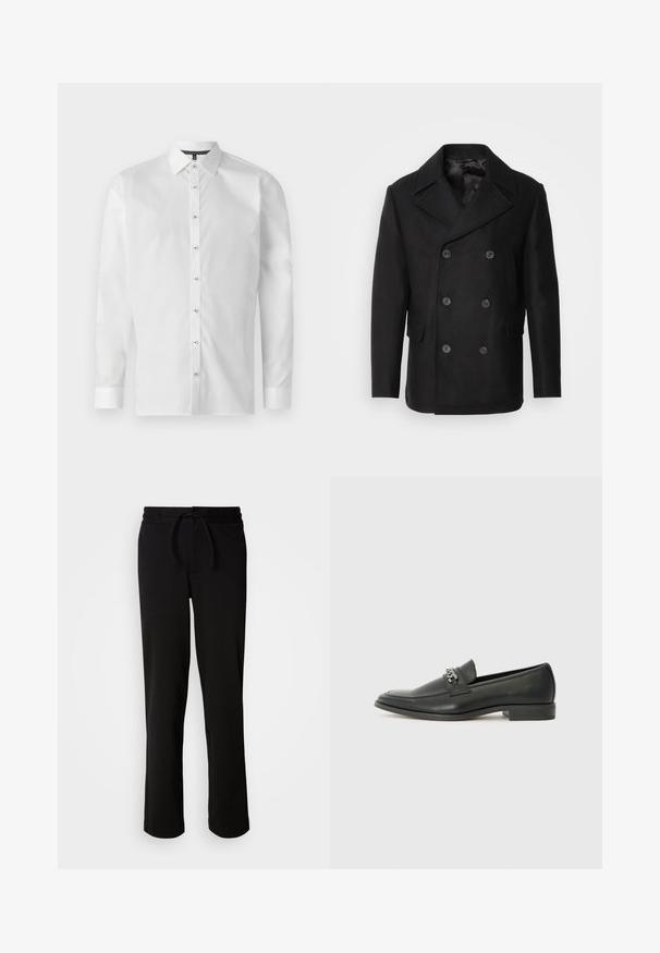 Isaac Dewhirst NEW SHORT PEACOAT SIDE ENTRY - Overgangsjakke - black; Hvid langærmet skjorte lavet af glat stof, med klassisk krave, knaplukning foran og knapmanchetter. Mørkt mønstret indvendig krave.; Sorte sweatpants med snor i taljen, lavet af blødt og strækbart stof. Har en afslappet pasform med lige ben og uden synlige lommer.; Sorte læder loafers med en glat finish, der har et syet design og et dekorativt metal kædeaccent hen over vamps. Flad hæl.