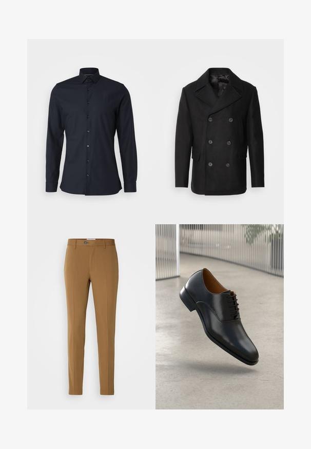 Isaac Dewhirst - Kurtka przejściowa; Ciemnoniebieska koszula zapinana na guziki z klasycznym kołnierzykiem, długimi rękawami i gładkim bawełnianym materiałem. Posiada pasujące guziki z przodu.; Brązowe spodnie o prostym kroju, z zamkiem błyskawicznym z przodu, zapięciem na guzik oraz dwiema bocznymi kieszeniami dla zapewnienia funkcjonalności.; Czarne skórzane buty formalne z gładkim wykończeniem, spiczastym noskiem i sznurowanym zapięciem. Posiadają delikatny szew wzdłuż podeszwy.