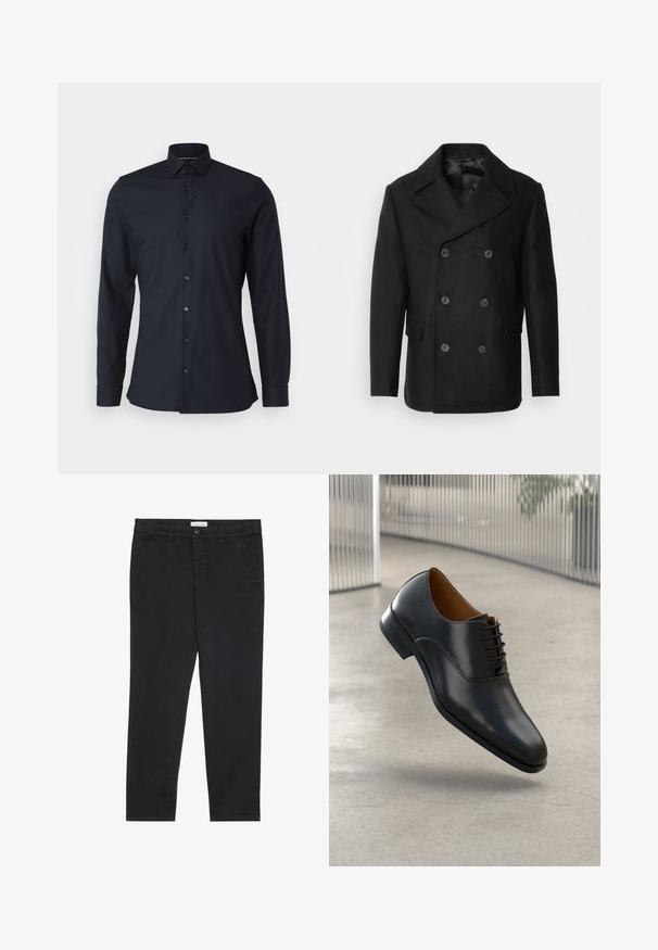 Isaac Dewhirst NEW SHORT PEACOAT SIDE ENTRY - Ľahká bunda - black; Tmavo modrá košeľa na gombíky s klasickým golierom, dlhými rukávmi a hladkým bavlneným materiálom. Obsahuje zladené gombíky pozdĺž prednej strany.; Čierne bavlnené nohavice so štíhlym strihom, vybavené dvoma bočnými vreckami a predným zapínaním na gombík. Textúrovaná tkanina s jemným detailovaním.; Čierna kožená obuv s hladkým povrchom, špicatou špičkou a viazaním. Obsahuje jemný šev pozdĺž podrážky.