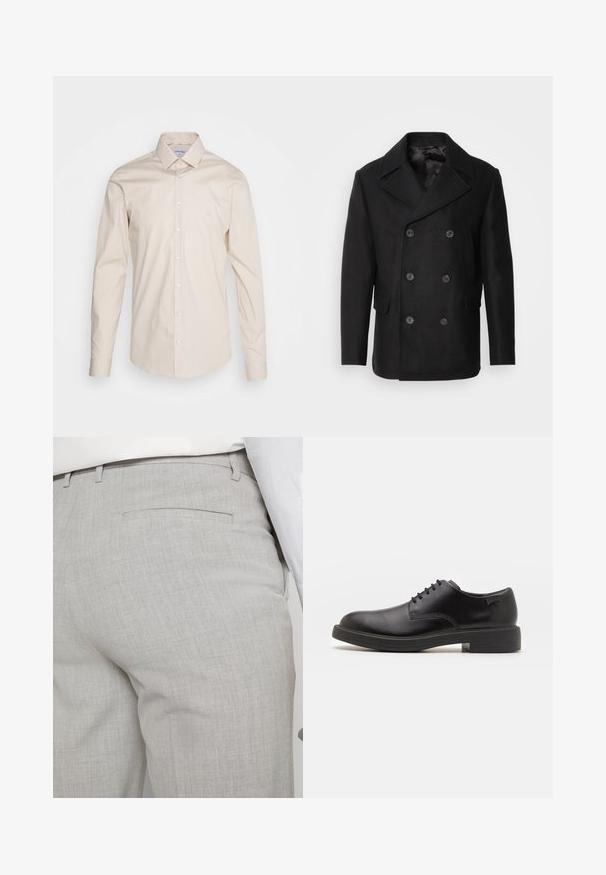 Isaac Dewhirst NEW SHORT PEACOAT SIDE ENTRY - Lengva striukė - black; Bežinė ilgarankovė marškiniai, pagaminti iš lygaus medvilninio audinio, turi klasikinį apykaklę, sagų uždarymą priekyje ir mažą logotipą kairiajame krūtinės kampe.; Šviesiai pilkos spalvos pritaikytos kelnės iš faktūrinės medžiagos, turinčios vieną užpakalinę kišenę ir tvarkingus siūlus.; Juodas odinis batų modelis su raišteliais, apvaliu nosiu, lygiu paviršiumi, minimaliai siuvinėjimu ir žemu guminėmis pakulne. Ant pakulnės šalia logo.