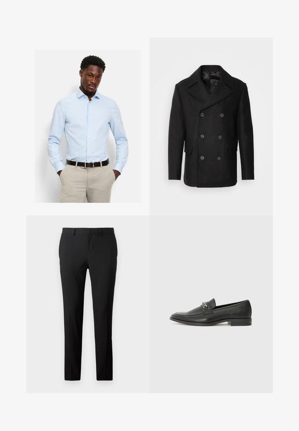 Isaac Dewhirst NEW SHORT PEACOAT SIDE ENTRY - Ελαφρύ μπουφάν - black; Ανοιχτό μπλε πουκάμισο με κουμπιά και μακριά μανίκια, κατασκευασμένο από λεία ύφανση. Διαθέτει μυτερό γιακά και εφαρμοστή γραμμή, φορεμένο με μπεζ παντελόνια.; Προσαρμοσμένα μαύρα παντελόνια από λείο ύφασμα. Διαθέτουν ίσια γραμμή, πτυχώσεις μπροστά και θηλιές ζώνης για ρυθμιζόμενο μέγεθος.; Μαύρη δερμάτινη λοφάρα με λείο φινίρισμα, που διαθέτει ραμμένο σχέδιο και διακοσμητική μεταλλική αλυσίδα πάνω από το μπροστινό μέρος. Χαμηλή φτέρνα.